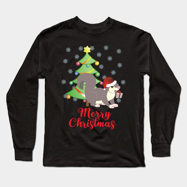 Merry Christmas Squirrel with Tree and Gift Design Long Sleeve T-Shirt by rubythesquirrel